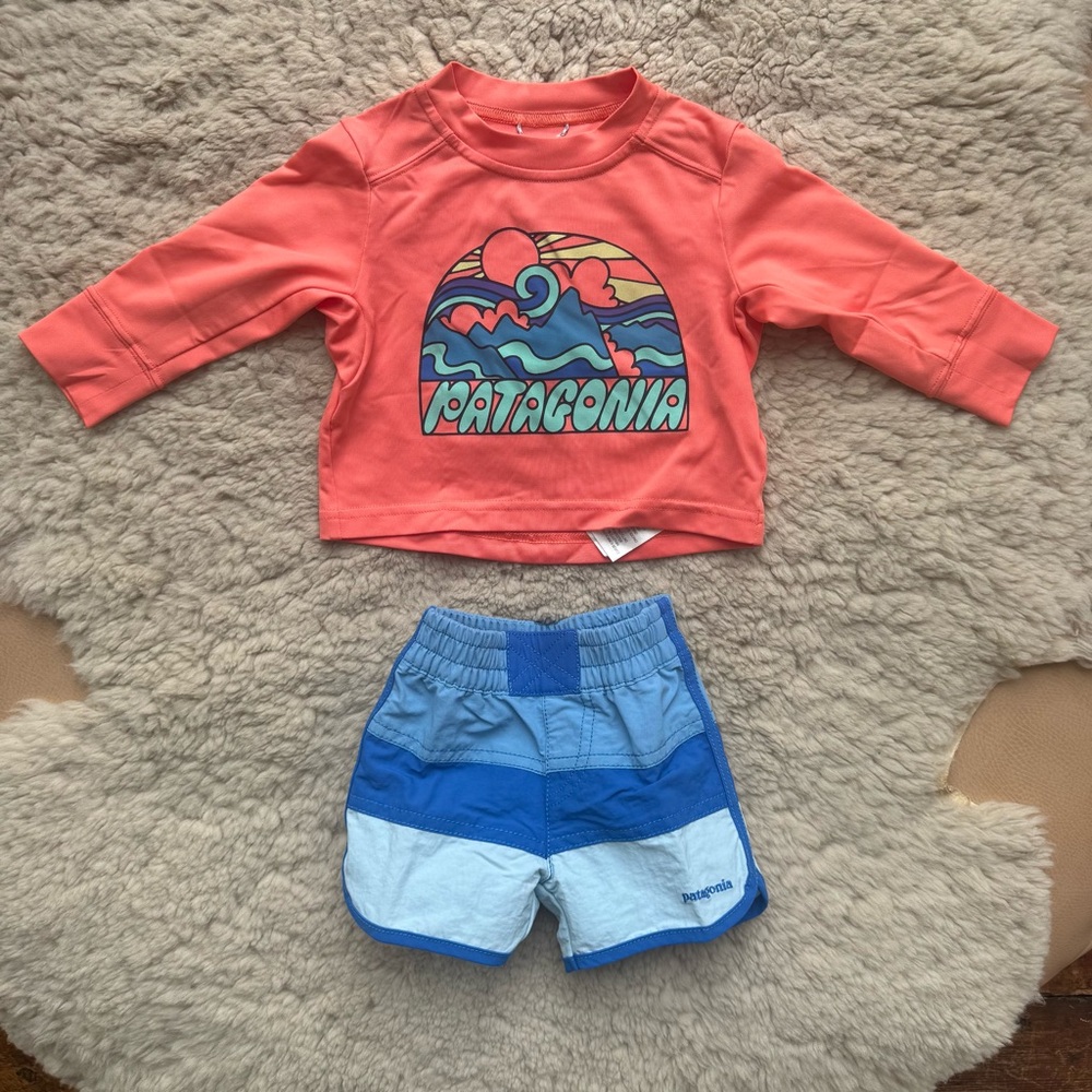 Patagonia Kids Swim Coral Rash Guard with Blue Stripe Swim Trunks